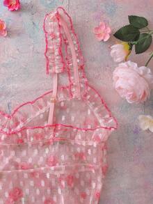 Women's Floral Mesh Ruffle Trim Sexy Camisole Nightgown - Pink - View 3