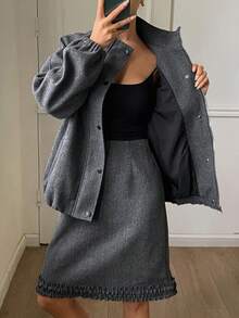 DAZY Elegantes formelles 2-teiliges Damen-Set: Einfarbige, locker sitzende Woll-Jacke mit Rollkragen und Langarm sowie gerade geschnittener, ausgestellter Rock, Herbst/Winter - Grau - Übersicht 5