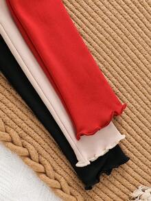 LMoss Kids 3pcs Young Girl Solid Color Ribbed Collar Thermal Lined Thick T-Shirt Set, Girls Tops, Girls Long Sleeve Tops, Girls Red Tops