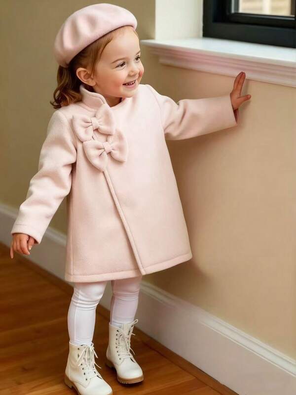 SHEIN 1pc Fashionable, Elegant, Sweet Apricot Color Long SleevOvercoatet With 2 Bow Decorations On Chest, Matching Bud Hat, Suitable For Street, Photography, School Wear In Spring, Autumn, Winter Baby Girl Coats Girl Stand Collar Coat