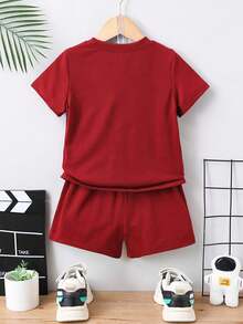 SHEIN 2pcs/Set Young Boy Letter Print Round Neck Short Sleeve T-Shirt And Shorts, Casual