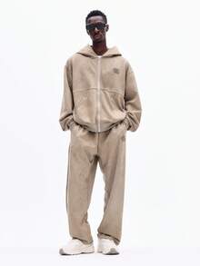 SUMWON Bộ quần áo hoodie có khóa kéo họa tiết da lộn và quần nỉ dáng suông có túi giữa cho phong cách dạo phố thường ngày - Màu Khaki - Xem 6