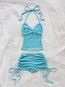 Soleia 女士复古度假风V领露背系带修身撞色上衣搭配低腰褶皱抽绳短裤两件套，适合派对、圣诞节、约会、夜店、海滩、邮轮、下午茶、波西米亚风、度假、秋季等场合。 - 淺藍色 - 查看 5