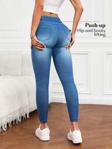 SHEIN PETITE Quần jeans nữ cạp cao ôm vừa vặn, co giãn cao màu xanh lam - Rửa nhẹ - Xem 2