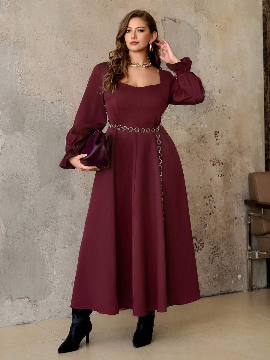 Flirla Đầm maxi dài tay bo gấu, cổ vuông, cổ tim, viền loe, tay dài, màu trơn, cỡ lớn dành cho nữ, phong cách đường phố Pháp cổ điển thanh lịch, tối giản, phù hợp cho mùa đông, Halloween, Giáng sinh, Lễ tạ ơn, Tiệc trà chiều, những dịp trang trọng, Tụ họp gia đình - Màu Tím - Xem 1