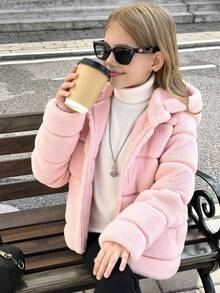 Tween Girl Fluffy Plaid Symmetrical Pattern Hooded Casual Versatile Jacket, Suitable For Daily Wear