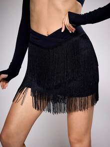 Menodora SHEIN Sport Váy khiêu vũ màu trơn không đối xứng eo khác có tua rua cho nữ - màu đen - Xem 4