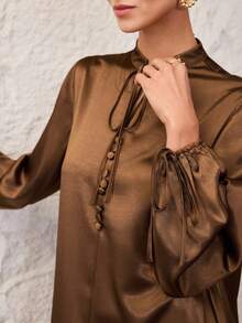 Al Najma 女士优雅纯色阿拉伯风格连衣裙，派对礼服 - 卡其色 - 查看 2