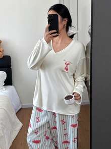 Dream Adore Plus Size Cherry Print V-Neck Long Sleeve Pajama Set Cherry Pajama Set Pajamas Set For Woman - Multicolor - View 1