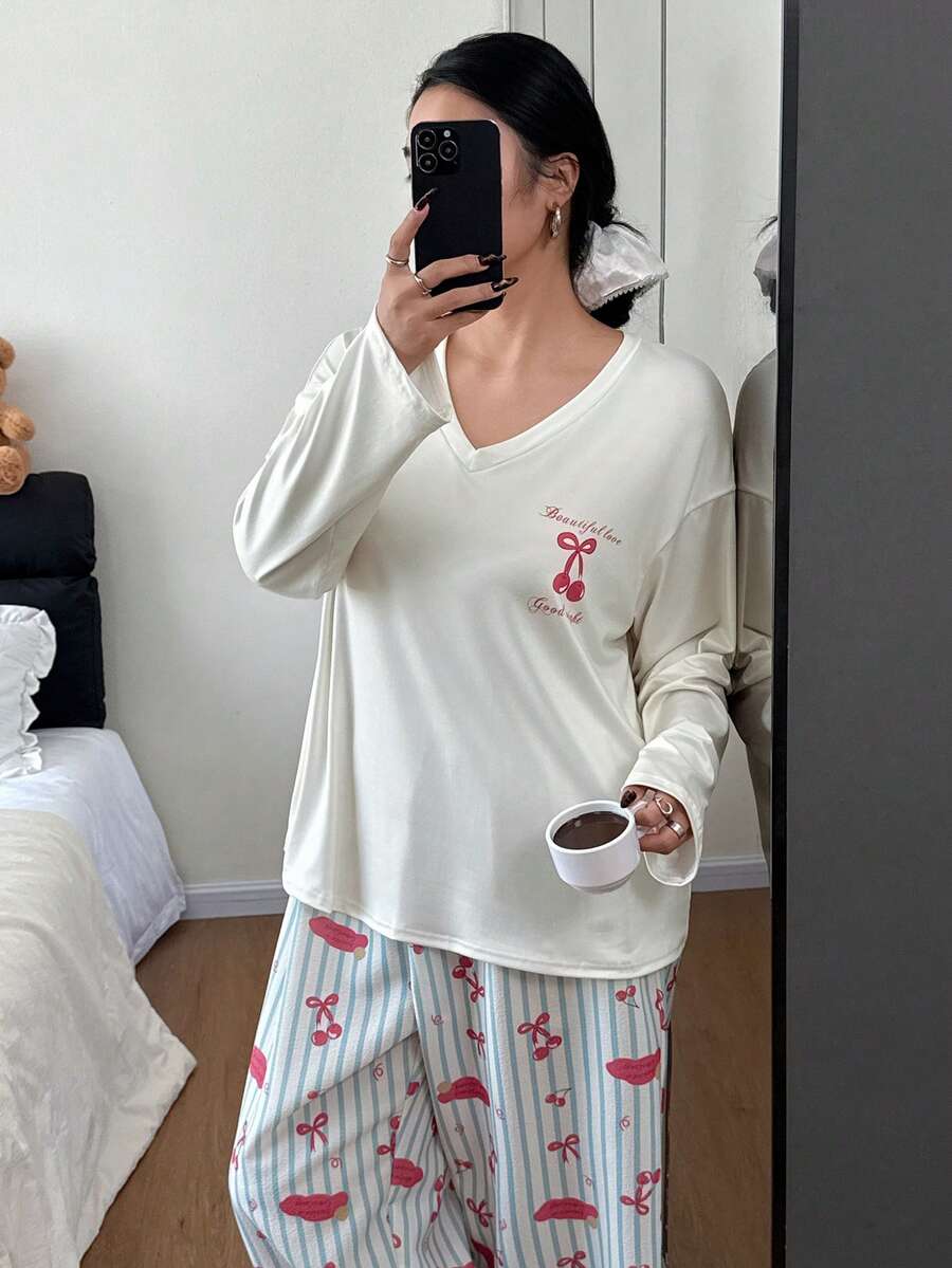 Dream Adore Plus Size Cherry Print V-Neck Long Sleeve Pajama Set Cherry Pajama Set Pajamas Set For Woman - Multicolor - View 1