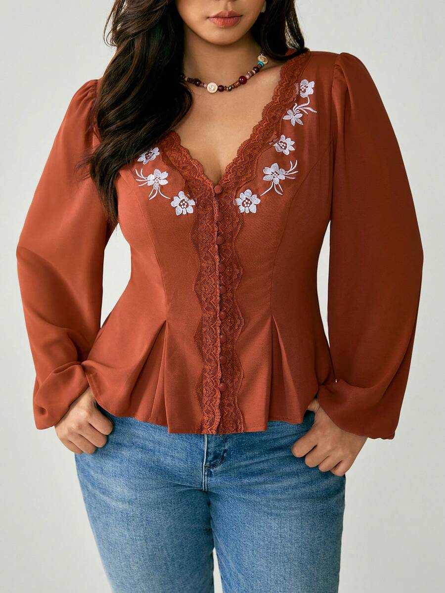 Nubod Blusa plus size elegante com bordado floral e detalhes em renda, estilo outono.