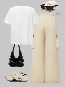 SHEIN ChillGRL 2 件套 - 少女字母印花圆领 T 恤 + 工装裤，休闲街头风格 - 杏色 - 查看 2