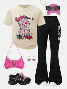 SHEIN ChillGRL 2pcs/Set Tween Girl Casual Street Style Bear Graphic Short Sleeve T-Shirt & Flare Pants Set - Multicolor - View 8