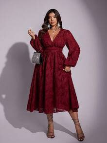 Viva Relle Plus-Size Deep V-Neck Long-Sleeve Waist-Cinching Solid Color New Year Dress - Burgundy - View 5