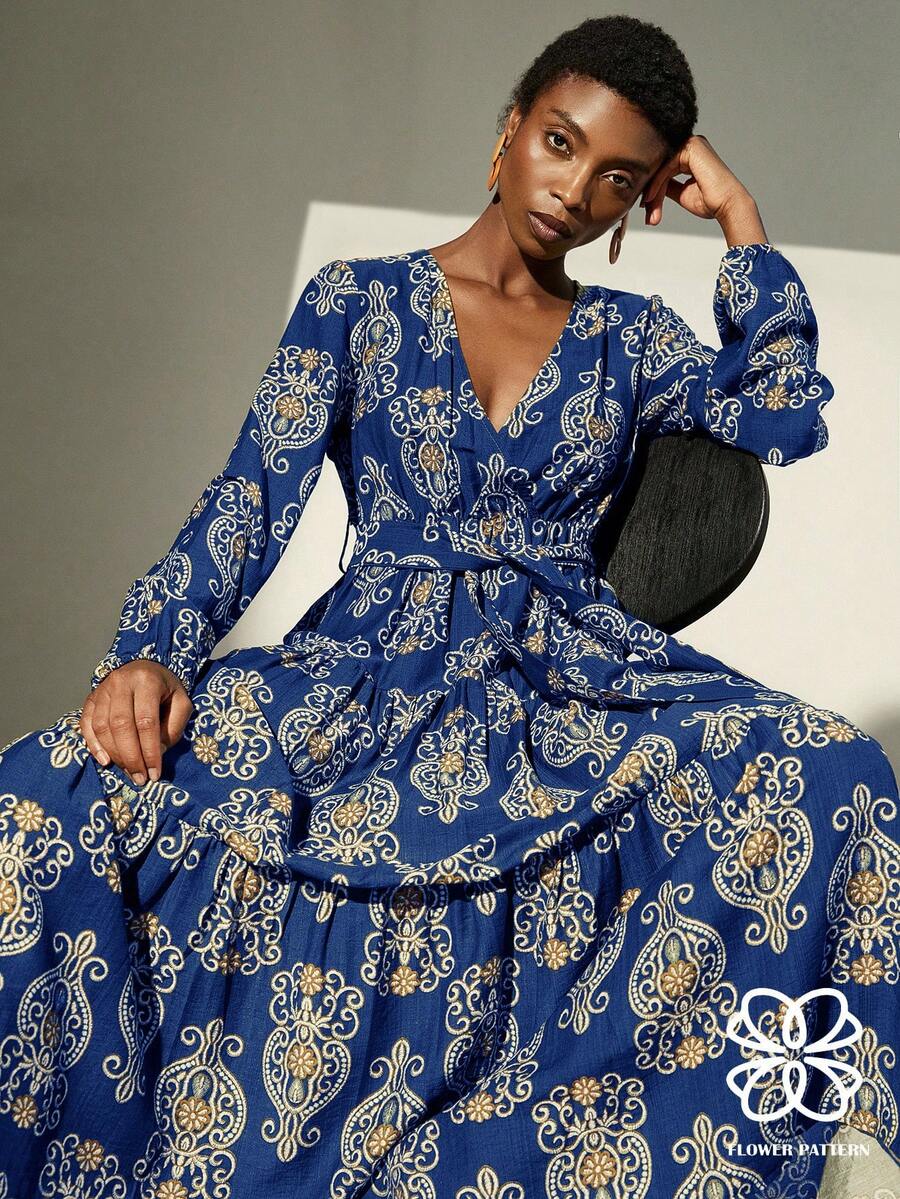 Aveloria Modichic 法式设计V领收腰优雅修身飘逸灯笼袖连衣裙，随机印花 - 藍色 - 查看 1