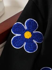 Young Girls Floral Embroidered Fleece Crew Neck Sweatshirt, Autumn/Winter - Black - View 5