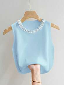 SHEIN Plus Size Women Faux Pearl Decor Solid Color Round Neck Fashion Camisole - Baby Blue - View 1