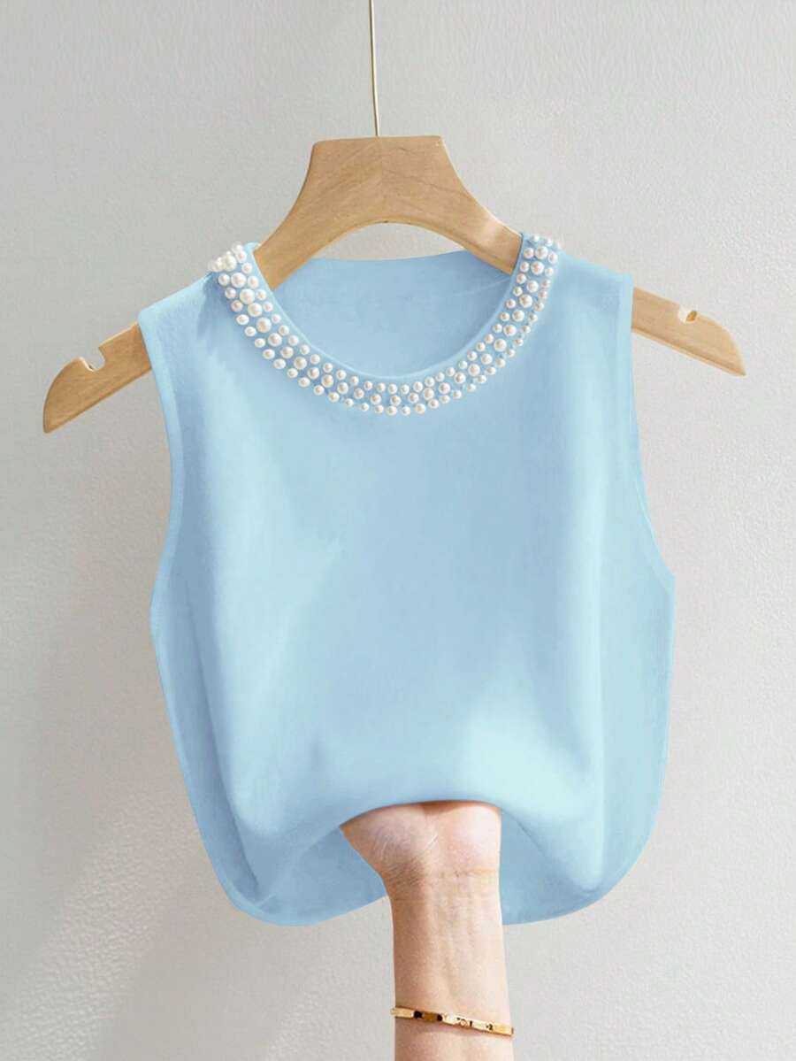 SHEIN Plus Size Women Faux Pearl Decor Solid Color Round Neck Fashion Camisole - Baby Blue - View 1