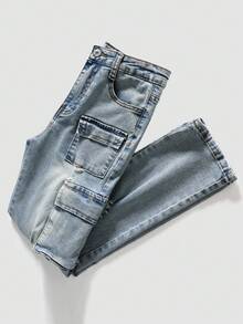 Quần jeans cargo dáng slim fit, rách rưới, nhiều túi, chun co giãn, phong cách đường phố cổ điển dành cho bé trai tuổi teen, đi học, sinh viên, phong cách thời trang thu đông. - Đồng - Xem 3