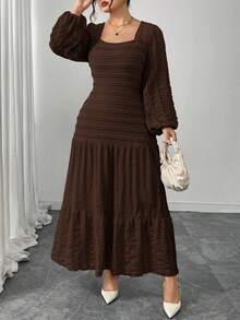 Modelyn Plus Size Women Knitted Long Sleeve Split Square Neck Frill Trim Dress - Coffee Brown - View 1