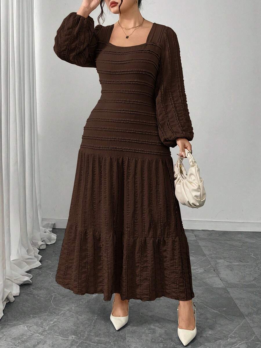 Modelyn Plus Size Women Knitted Long Sleeve Split Square Neck Frill Trim Dress - Coffee Brown - View 1
