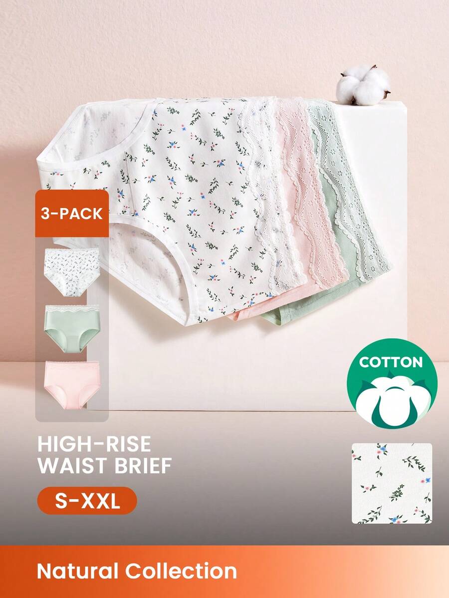 LUVLETTE 3-Pack Soft Cotton Basic Floral Print Lace Trim Mid-Waist Underwear Briefs