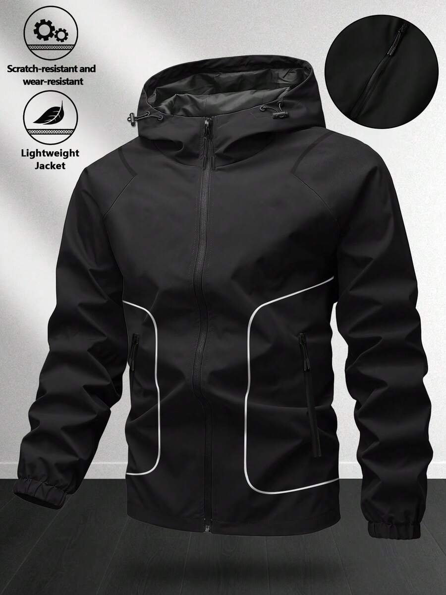 Gym Rark Men's Casual Versatile Strap Design Hooded Jacket With Small Print Design Hiking Jacket - Black - View 1