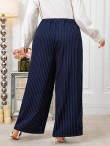Modelyn Pantalones rectos de cintura elástica a rayas para mujer de talla grande, con decoración de hebilla metálica, casuales y versátiles, adecuados para el diario, el trabajo y diversas ocasiones - Azul Marino - Ver 3