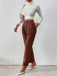 SHEIN Clasi 女士休闲/办公纯色锥形裤 - 棕色 - 查看 3