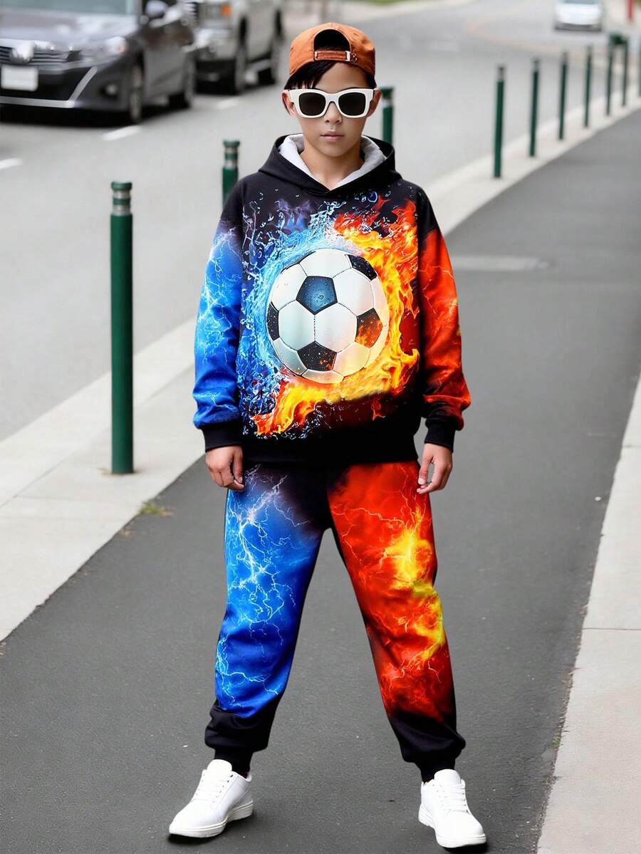 Fantacosmos 2pcs/Set Boys' Football Flame & Lightning 3D Print Hoodie & Sweatpants Set, Street Style, Spring/Autumn/Winter