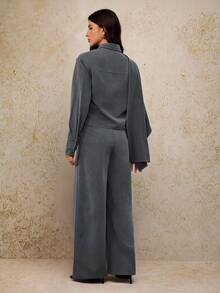 SHEIN Tall 2 件套女式高腰收腰中长款西装外套（带斗篷袖） - 灰色 - 查看 2