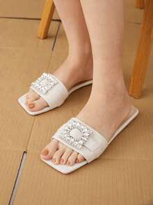 Women's Rhinestone Decor Flat Sandals - Beige - View 1