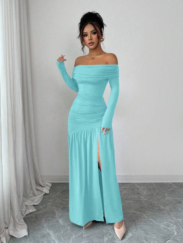 Elenzga Women's Vintage Elegant Off-Shoulder Fitted Bodycon Long Sleeve Knit Dress, Autumn/Winter, Halloween - Baby Blue - View 3