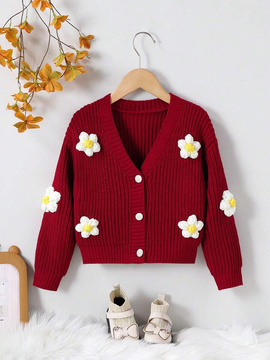 SHEIN 女童花卉图案长袖针织开衫,秋冬款 - 酒紅色 - 查看 1