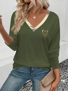 EMERY ROSE Women's Casual Bestselling Heart Pattern V-Neck Contrast Gold PU Faux Leather Long Sleeve T-Shirt - Army Green - View 4