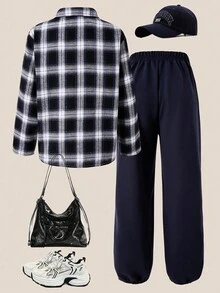 SHEIN Explorewe Set de 2 piezas de camisa de manga larga a cuadros y pantalones casuales para niñas, otoño/invierno - Multicolor - Ver 3