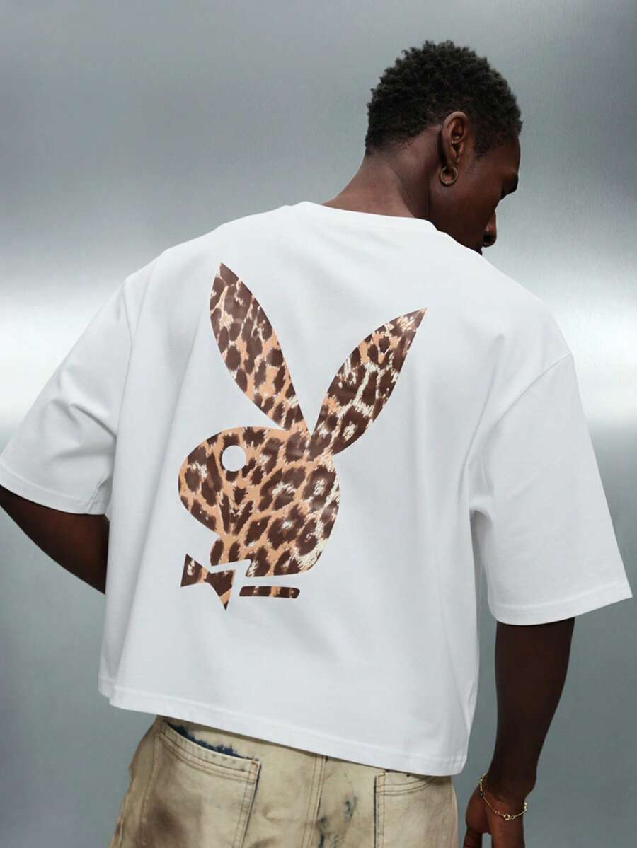 PLAYBOY X SUMWON Áo thun tay ngắn dáng croptop in họa tiết da báo in logo thỏ, chất liệu cotton pha trộn mùa hè, thời trang dạo phố - trắng - Xem 1