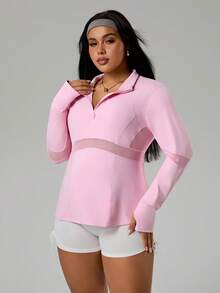 Rhythm Era Sweatshirt Sporty Lengan Panjang Warna Polos Wanita dengan Resleting Setengah di Bagian Depan - Berwarna merah muda - View 4