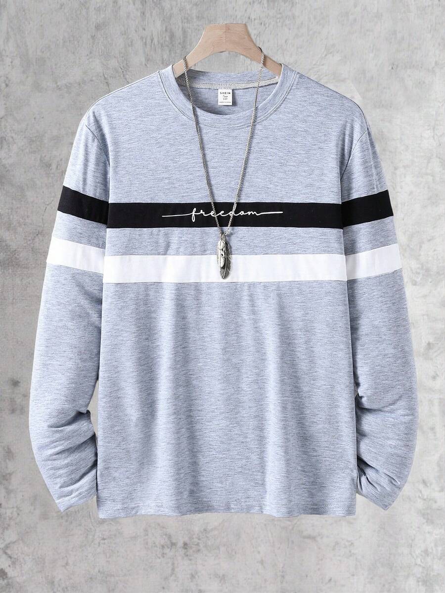 Vacaura Teenage Boys' Casual Colorblock Letter Print Long Sleeve Crew Neck Loose T-Shirt, Versatile For Daily Wear, Autumn/Winter