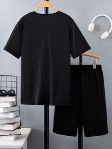 Fantacosmos Tween Boy Ink Printed Soccer Short Sleeve T-Shirt And Shorts For Summer - Black - View 2