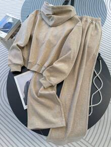 Franclia Women's Solid Color Long Sleeve Zip-Up Hoodie And Sweatpants 2 Pieces Set - Khaki - View 2