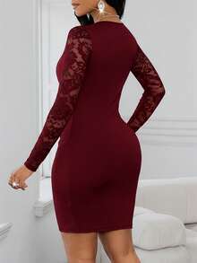 SHEIN Lady Women's Contrast Lace Long Sleeve V-Neck Ruched Fitted Elegant Mini Dress,Fall,Fall Clothes For Women,Women's Winter Clothes Wine Bodycon Dress Burgundy Bodycon Dress - Burgundy - View 2