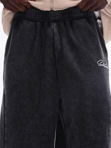 SUMWON Relaxed Wide Leg Sweatpants With Los Angeles Script Embroidery For Casual Everyday Comfort Plain - Black - View 6
