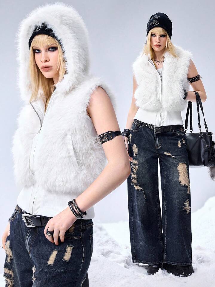 Our Grunge Punk Y2K Kpop Faux Fur Hooded Cardigan Vest Jacket For