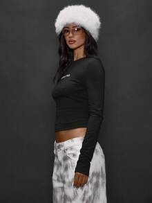 MUSERA 修身长袖印花圆领T恤，适合日常外出、夜间派对、性感街头风，优雅春夏假日风。 - 黑色 - 查看 4