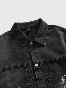 ROMWE MEN Men's Letter Print Long Sleeve Single-Breasted Rhinestone Denim Jacket, Casual Wear - Black - View 3