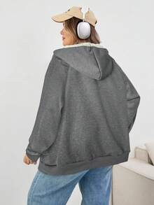 SHEIN CURVE+ 大码女装/秋季服装/秋季女装/冬季女装/冬季女装大码女式黑色针织连帽毛绒卫衣大码女式连帽衫大码女式卫衣8XL女装6XL大码女装大码女装大码女装/秋季/冬季 - 深灰色 - 查看 2