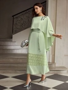 ZEYLAH New Elegant Women Lace Patchwork Hem Dress - Green - View 5