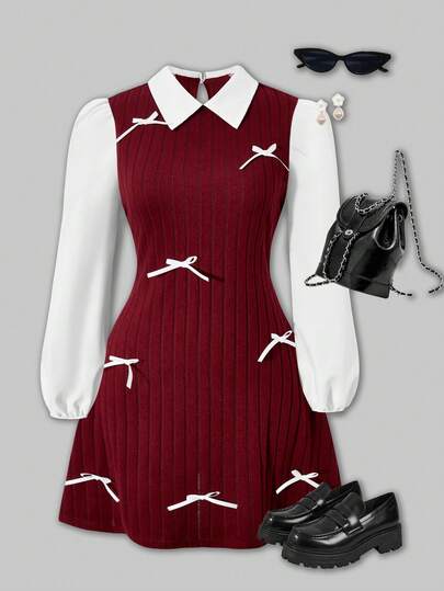 SHEIN ChillGRL Streecool 少女休闲学院风少女拼接长袖短款休闲连衣裙