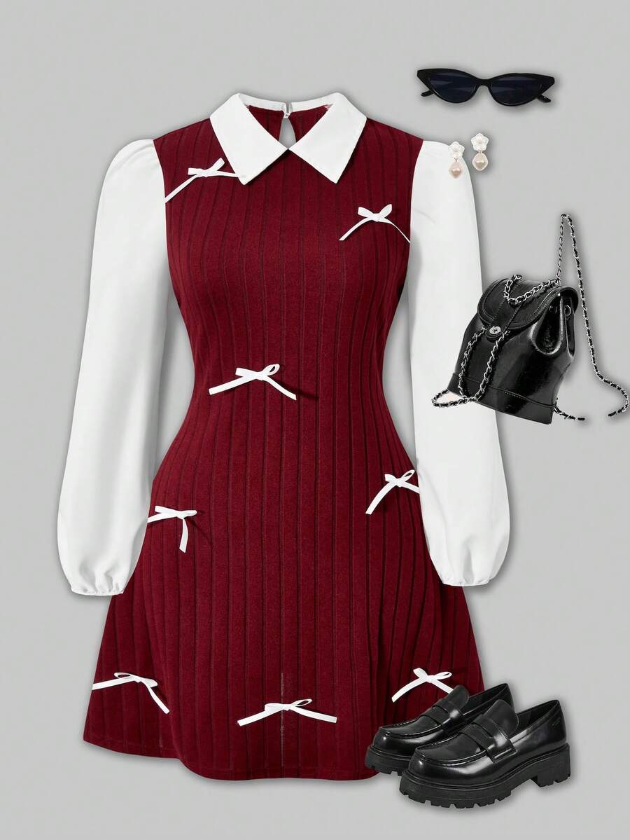 SHEIN ChillGRL Váy ngắn tay dài họa tiết chắp vá phong cách thường ngày cho bé gái tuổi teen Streecool - Màu Đỏ Sâu - Xem 1